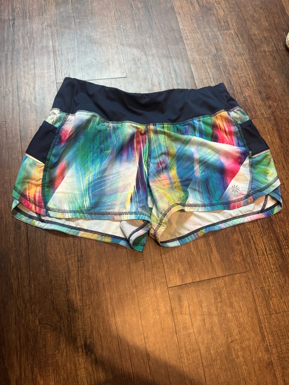 Athleta Multicolor Rainbow Print Athletic Shorts with Navy Waistband Vintage - Picture 1 of 8